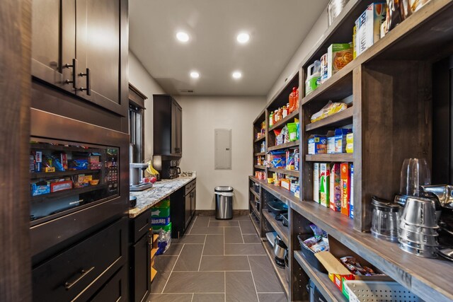 464 Old, Petersburg Park, Petersburg, TN 37144 - kitchen with electric panel, open shelves, recessed lighting, dark brown cabinets, and dark tile patterned floors