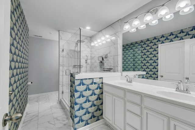 427 Tristan Way, Spring Hill, TN 37174 - bathroom with marble finish flooring, a stall shower, double vanity, baseboards, and recessed lighting