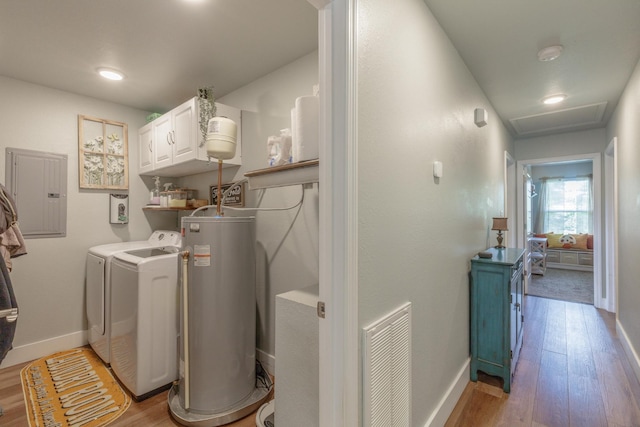 658 Old Chattanooga Pike SW, Cleveland, TN 37311 - washroom with water heater, electric panel, cabinet space, washer and clothes dryer, and light wood-type flooring