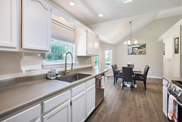 146 Sherron Dr, Dickson, TN 37055 - kitchen with a sink, stainless steel appliances, white cabinets, lofted ceiling, and recessed lighting