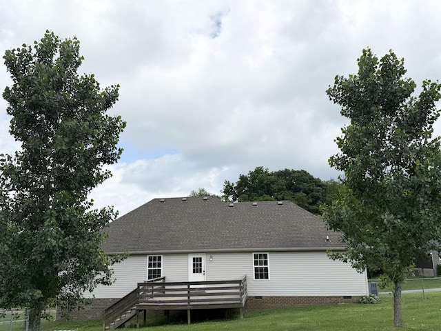 309 Caydras Way, Lafayette, TN 37083 - rear view of property featuring crawl space, a deck, a lawn, roof with shingles, and stairs
