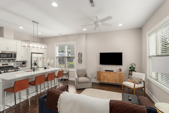 507 Vernon Cir, Nashville, TN 37209 - living room with baseboards, ceiling fan, dark wood finished floors, and recessed lighting