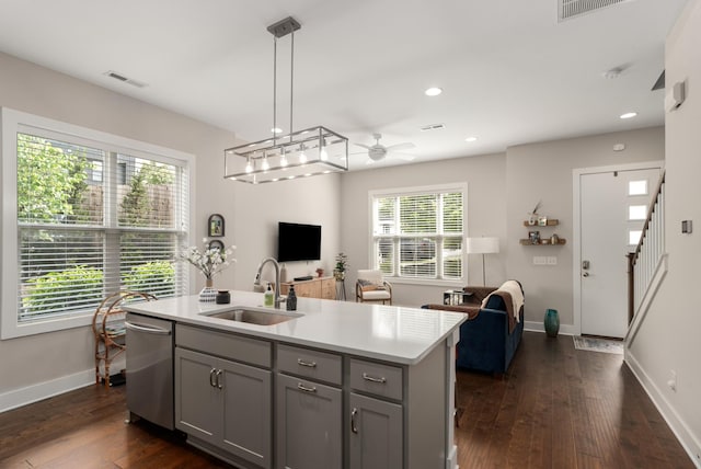507 Vernon Cir, Nashville, TN 37209 - kitchen featuring a sink, gray cabinetry, stainless steel dishwasher, light countertops, and a ceiling fan