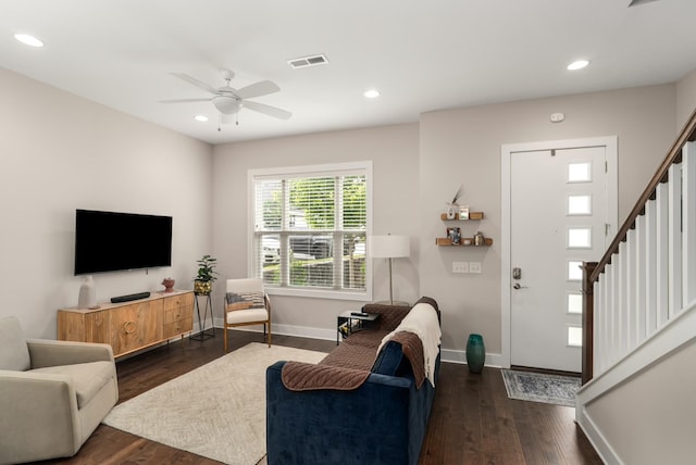 507 Vernon Cir, Nashville, TN 37209 - living area with dark wood-style flooring, stairs, baseboards, a ceiling fan, and recessed lighting