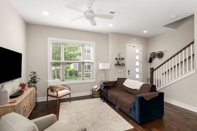 507 Vernon Cir, Nashville, TN 37209 - living room with dark wood-style floors, stairs, baseboards, and recessed lighting