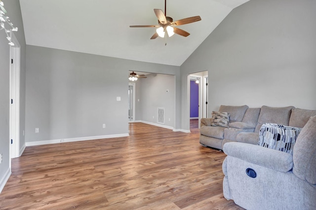 2312 Forrest Fields Dr, Chapel Hill, TN 37034 - living area featuring a ceiling fan, high vaulted ceiling, light wood-style flooring, and baseboards