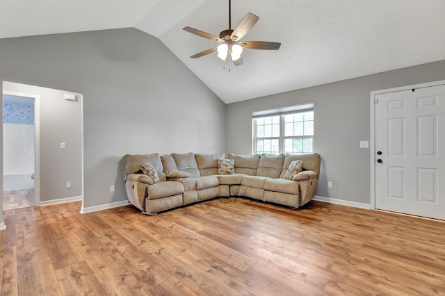 2312 Forrest Fields Dr, Chapel Hill, TN 37034 - living room featuring a ceiling fan, light wood-style flooring, high vaulted ceiling, and baseboards