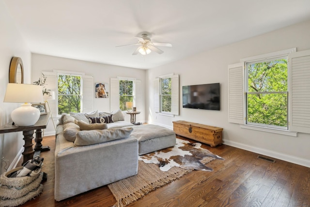 6321 Wescates, Brentwood, TN 37027 - living area with plenty of natural light, ceiling fan, baseboards, and wood finished floors