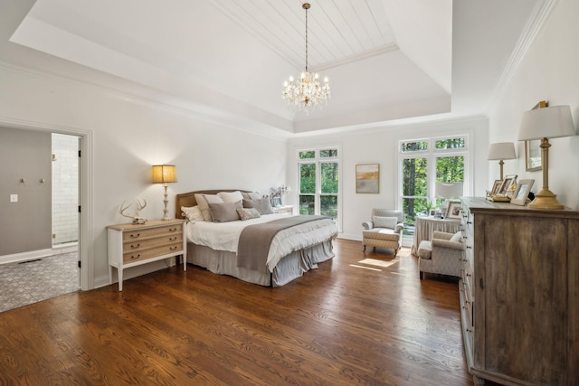 6321 Wescates, Brentwood, TN 37027 - bedroom featuring a tray ceiling, dark wood-type flooring, a chandelier, ornamental molding, and connected bathroom