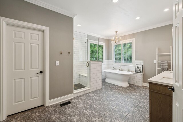 6321 Wescates, Brentwood, TN 37027 - full bathroom with a chandelier, a shower stall, tile walls, a soaking tub, and vanity