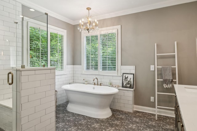 6321 Wescates, Brentwood, TN 37027 - full bath with a shower stall, vanity, a freestanding bath, a chandelier, and crown molding
