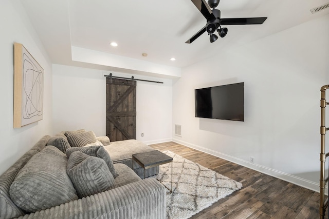 6321 Wescates, Brentwood, TN 37027 - living area with a barn door, baseboards, wood finished floors, ceiling fan, and recessed lighting