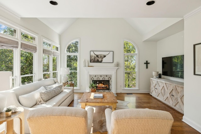 6321 Wescates, Brentwood, TN 37027 - living area with plenty of natural light, a tiled fireplace, lofted ceiling, wood finished floors, and baseboards