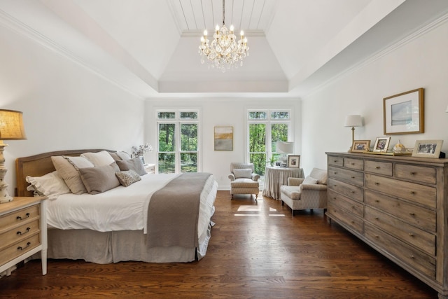 6321 Wescates, Brentwood, TN 37027 - bedroom with a chandelier, vaulted ceiling, dark wood finished floors, and a raised ceiling