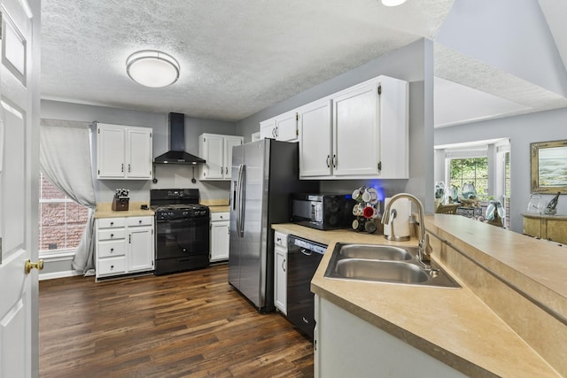 5156 W Oak Highland Dr, Antioch, TN 37013 - kitchen with black appliances, wall chimney range hood, a sink, dark wood-type flooring, and light countertops