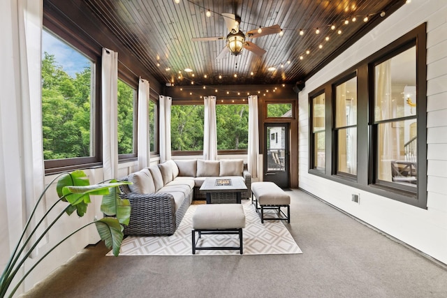 1234 Saddle Springs Dr, Thompsons Station, TN 37179 - sunroom / solarium featuring an outdoor hangout area, healthy amount of natural light, carpet flooring, a ceiling fan, and wooden ceiling