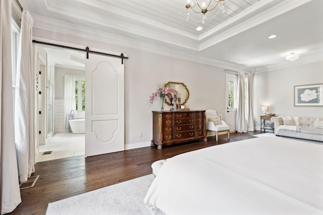 1234 Saddle Springs Dr, Thompsons Station, TN 37179 - bedroom with a barn door, multiple windows, a raised ceiling, ornamental molding, and wood finished floors