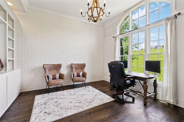 1234 Saddle Springs Dr, Thompsons Station, TN 37179 - office area featuring brick wall, a chandelier, ornamental molding, and dark wood finished floors