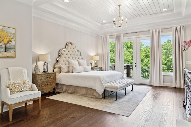 1234 Saddle Springs Dr, Thompsons Station, TN 37179 - bedroom featuring access to outside, a chandelier, a raised ceiling, dark wood-style flooring, and wooden ceiling