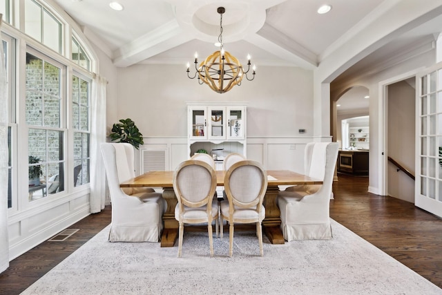1234 Saddle Springs Dr, Thompsons Station, TN 37179 - dining space with a chandelier, dark wood-style floors, coffered ceiling, a decorative wall, and beamed ceiling