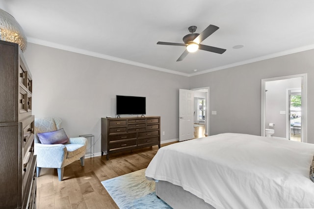 1154 Olde Cameron Ln, Franklin, TN 37067 - bedroom featuring ornamental molding, light wood-type flooring, baseboards, a ceiling fan, and ensuite bathroom
