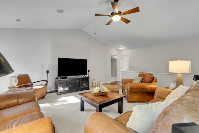 1154 Olde Cameron Ln, Franklin, TN 37067 - carpeted living area featuring ceiling fan, vaulted ceiling, and baseboards