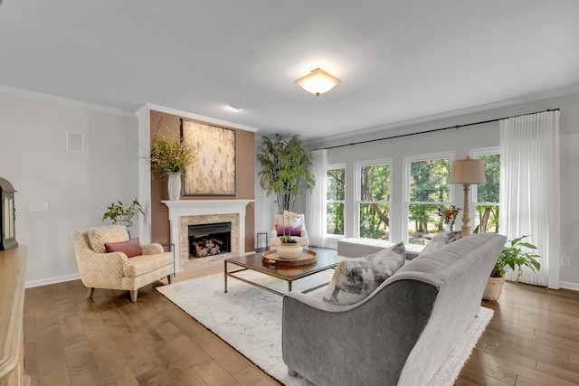 1154 Olde Cameron Ln, Franklin, TN 37067 - living area featuring ornamental molding, a fireplace, wood-type flooring, and baseboards