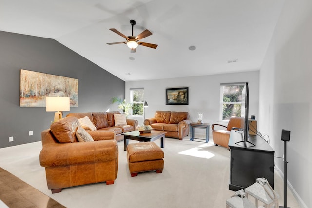 1154 Olde Cameron Ln, Franklin, TN 37067 - living room with ceiling fan, carpet flooring, healthy amount of natural light, vaulted ceiling, and baseboards
