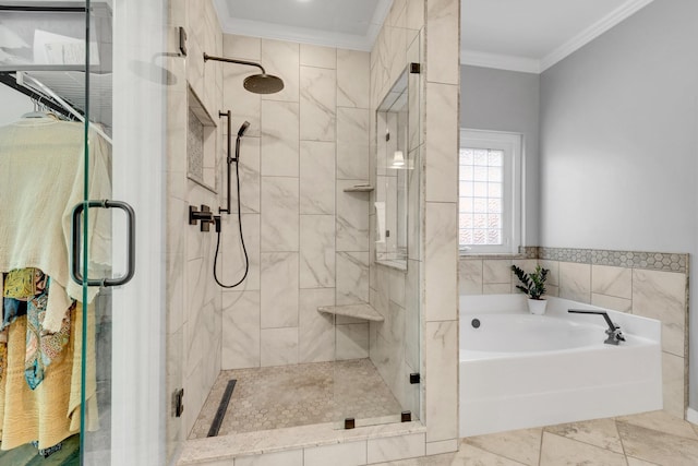 1154 Olde Cameron Ln, Franklin, TN 37067 - full bathroom featuring ornamental molding, a bath, and a shower stall