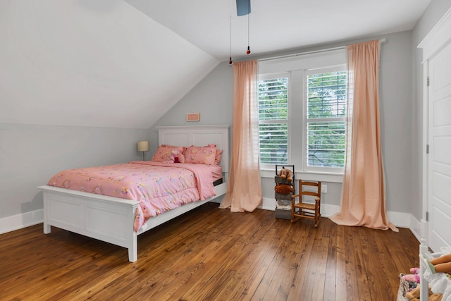 601 N Main St, Mount Pleasant, TN 38474 - bedroom with wood-type flooring, vaulted ceiling, a ceiling fan, and baseboards