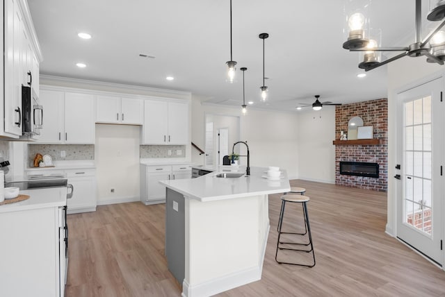 583 Pongracz Way, Clarksville, TN 37042 - kitchen with a sink, a ceiling fan, stainless steel microwave, light wood finished floors, and a brick fireplace