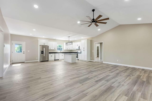 115 Carl Williams Rd, Crofton, KY 42217 - unfurnished living room featuring a ceiling fan, light wood-style flooring, recessed lighting, a sink, and baseboards