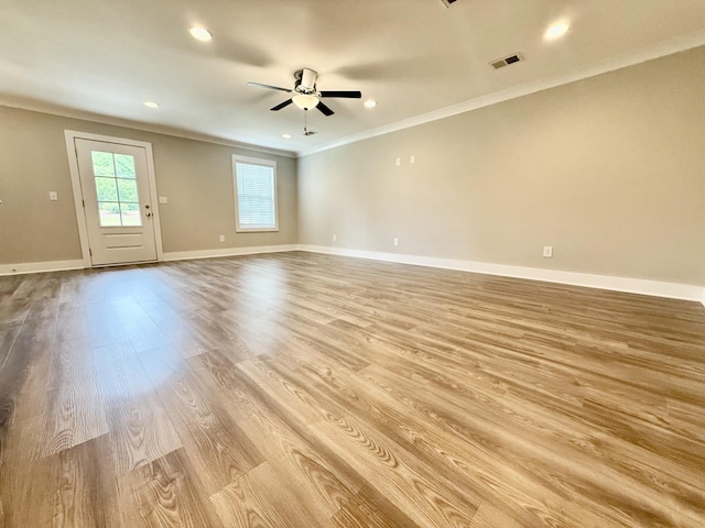 5608 Maples Retreat Dr, Murfreesboro, TN 37127 - spare room with ornamental molding, light wood-style flooring, ceiling fan, baseboards, and recessed lighting