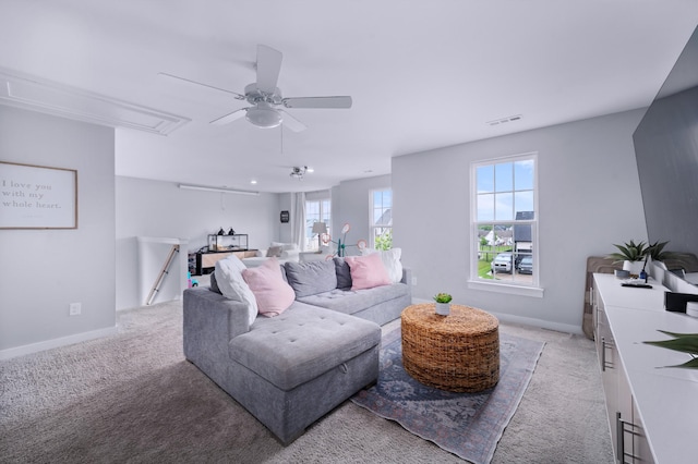 4010 Planters Trl, Mount Juliet, TN 37122 - living room featuring attic access, ceiling fan, light carpet, and baseboards