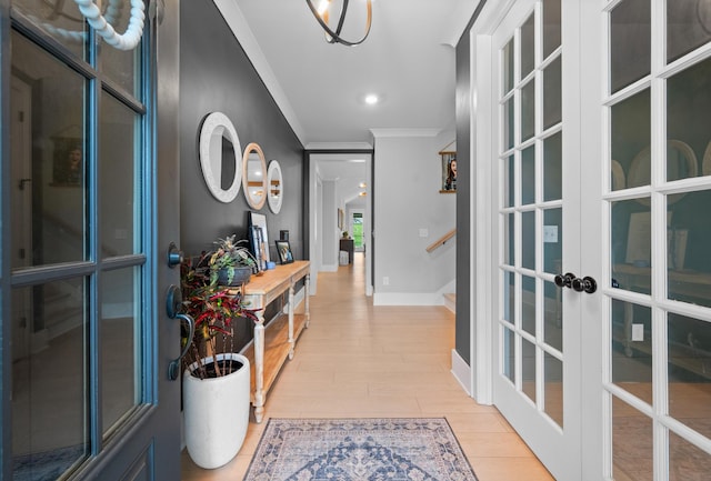 4010 Planters Trl, Mount Juliet, TN 37122 - corridor with french doors, ornamental molding, baseboards, light wood-style flooring, and recessed lighting