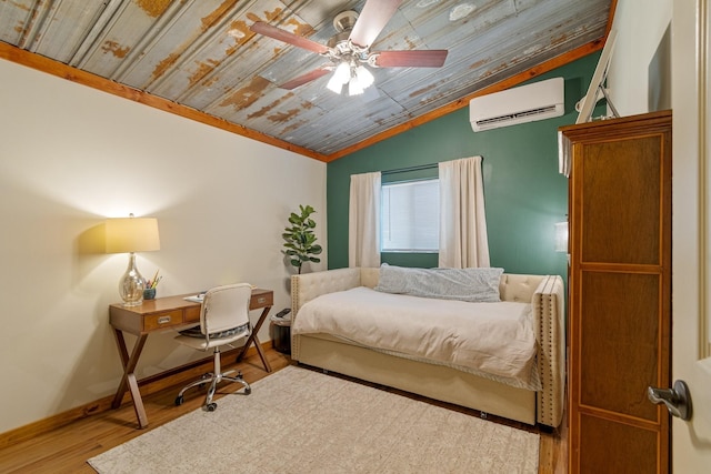 1829 Lobelville Hwy, Linden, TN 37096 - bedroom featuring a wall mounted AC, vaulted ceiling, wood finished floors, wooden ceiling, and crown molding
