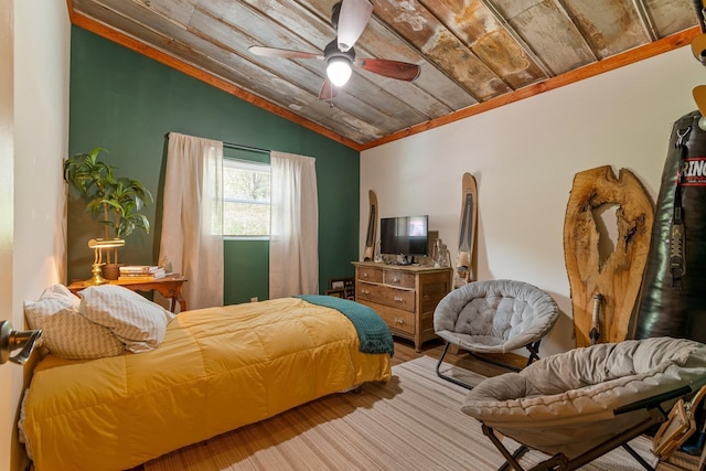 1829 Lobelville Hwy, Linden, TN 37096 - bedroom featuring vaulted ceiling, light wood-type flooring, wooden ceiling, a ceiling fan, and crown molding