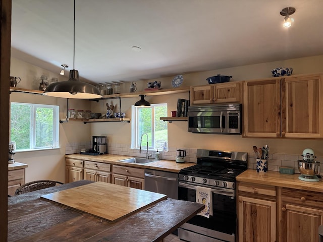 1829 Lobelville Hwy, Linden, TN 37096 - kitchen featuring appliances with stainless steel finishes, a sink, open shelves, and plenty of natural light