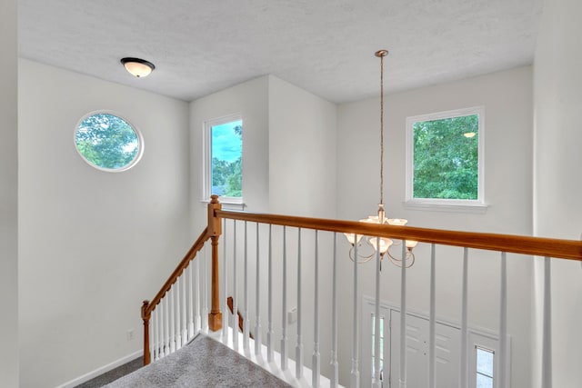 3471 Esquire Dr, Murfreesboro, TN 37130 - stairs featuring a chandelier, baseboards, carpet floors, and a textured ceiling