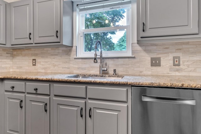 3471 Esquire Dr, Murfreesboro, TN 37130 - kitchen with stainless steel dishwasher, gray cabinets, a sink, decorative backsplash, and light stone countertops