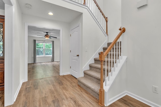3471 Esquire Dr, Murfreesboro, TN 37130 - foyer entrance featuring a ceiling fan, light wood-style floors, stairway, baseboards, and recessed lighting