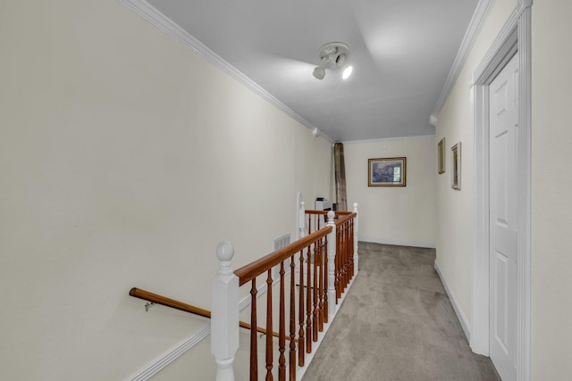 1151 Baker And Hearn Cir, Chickamauga, GA 30707 - hall featuring an upstairs landing, ornamental molding, light carpet, and baseboards