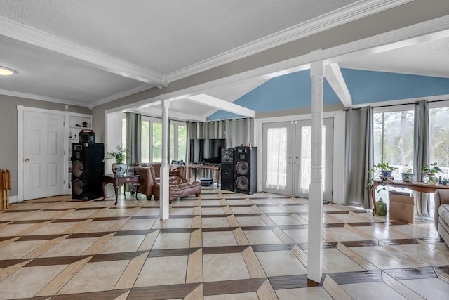 1151 Baker And Hearn Cir, Chickamauga, GA 30707 - living area with vaulted ceiling, inlaid floor details, decorative columns, french doors, and crown molding