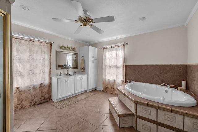 1151 Baker And Hearn Cir, Chickamauga, GA 30707 - full bathroom featuring a garden tub, vanity, ceiling fan, tile patterned floors, and ornamental molding