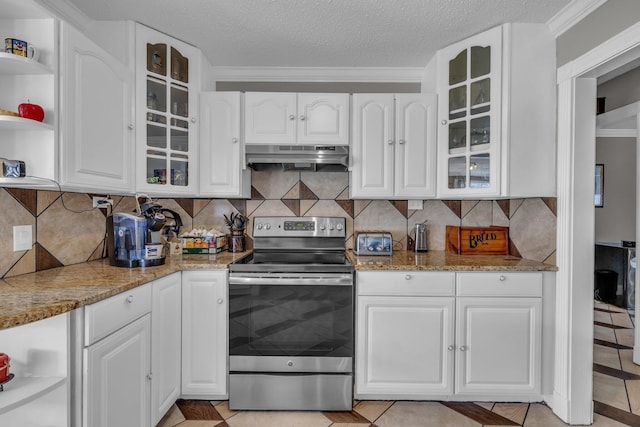 1151 Baker And Hearn Cir, Chickamauga, GA 30707 - kitchen featuring stainless steel electric stove, under cabinet range hood, open shelves, white cabinets, and a textured ceiling