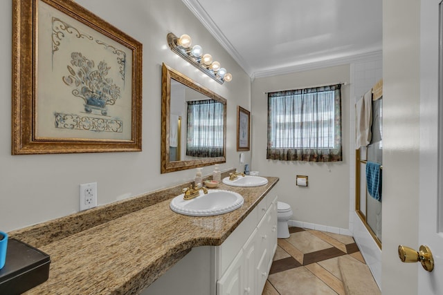 1151 Baker And Hearn Cir, Chickamauga, GA 30707 - bathroom with inlaid floor details, double vanity, toilet, ornamental molding, and baseboards