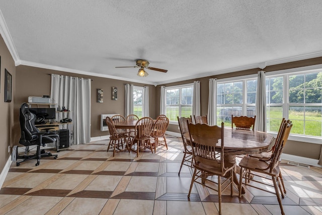 1151 Baker And Hearn Cir, Chickamauga, GA 30707 - dining room featuring ornamental molding, baseboards, healthy amount of natural light, ceiling fan, and a textured ceiling