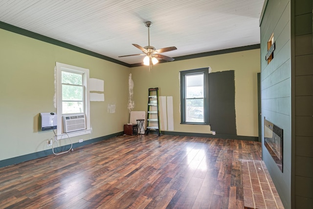 1672 Globe Rd, Lewisburg, TN 37091 - unfurnished living room featuring wood finished floors, a fireplace, crown molding, ceiling fan, and baseboards
