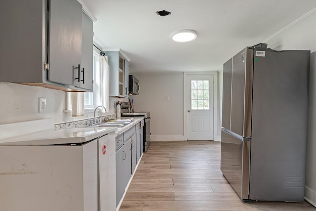 1672 Globe Rd, Lewisburg, TN 37091 - kitchen featuring appliances with stainless steel finishes, a sink, light wood-style floors, gray cabinetry, and baseboards