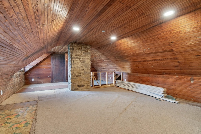 1672 Globe Rd, Lewisburg, TN 37091 - additional living space with wooden ceiling, lofted ceiling, wood walls, carpet flooring, and recessed lighting